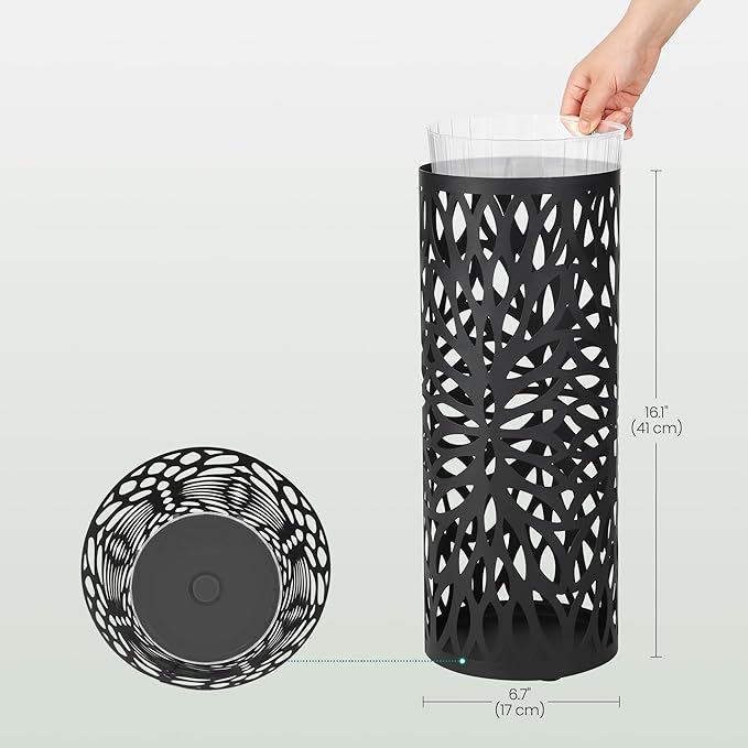 SONGMICS Umbrella Stand, Umbrella Holder for Entryway, Steel Round Umbrella Rack Freestanding, for Canes Walking Sticks, with a Detachable Drip Tray, 2 Long and 2 Short Hooks, Matte Black ULUC022B01