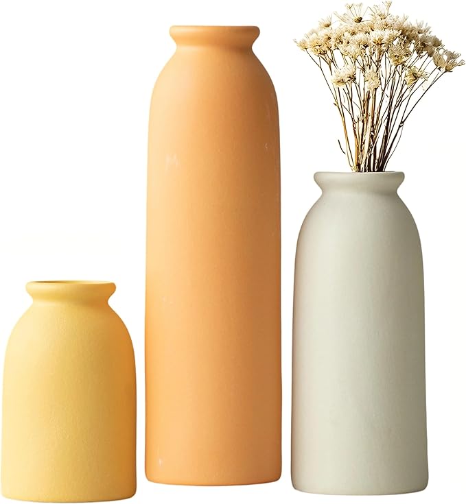 10.4 inches Tall Decorative Ceramic Vase Set, 3 Pieces, 10 inches Nordic Modern Style, White, Farmhouse Home Boho Shelf Decor(Orange)