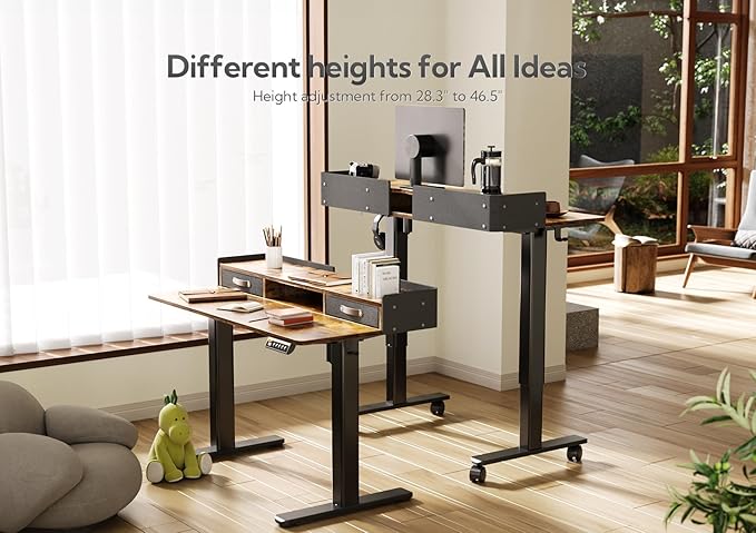 YDN Rustic Brown 2-Tier Adjustable Electric Standing Desk, 63 inch, Modern Design with 2 Drawers, Felt Fence, Hook, for Office