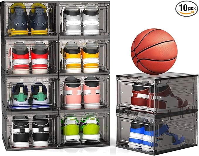10 Pack Extra XX Large Hard Plastic Clear Stackable Shoe Storage Box Organizer for Closet, Thicken Sturdy Sneaker Shoe Rack Display Case Containers Bins with Lids and Magnetic Door, Grey
