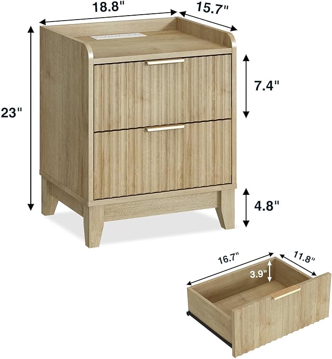 Wnutrees Fluted Nightstand with Charging Station, Modern Bedside Table with 2 Drawers, Farmhouse Wooden End Side Table for Living Room, 2Pack, Natural