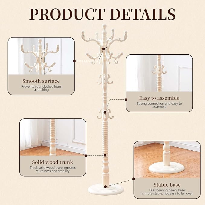 Wooden Coat Rack Freestanding, Vintage Solid Coat Hanger Stand 14 Hooks, Coat Tree Adjustable Height 73", Round Base, Coat Racks free standing (White)