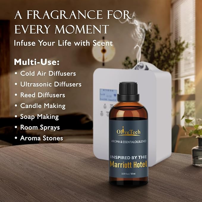 Hotel Diffuser Oil Inspired by Marriott Hotel Scent, OliveTech Aromatherapy Fragrance Oil for Cold Air & Ultrasonic Diffusers, 100ml / 3.38 ft oz Glass Bottle