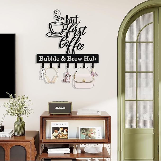 Personalized Coffee Key Holder Wall Mount, Custom Metal Key Rack Key Holder with Name, Deer Cabin Wall Keys Hanger with Hooks for Entryway, Front Door, Hallway, Kitchen, Living Room