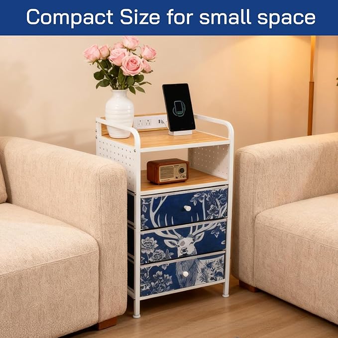 YCY Nightstand with Charging Station, Sturdy Metal Frame Bedside Table, 3 Wax-Dyed Fabric Drawers, Open Storage Shelf, Built-in USB Ports and Dual Outlets for Bedrooms,Living Room