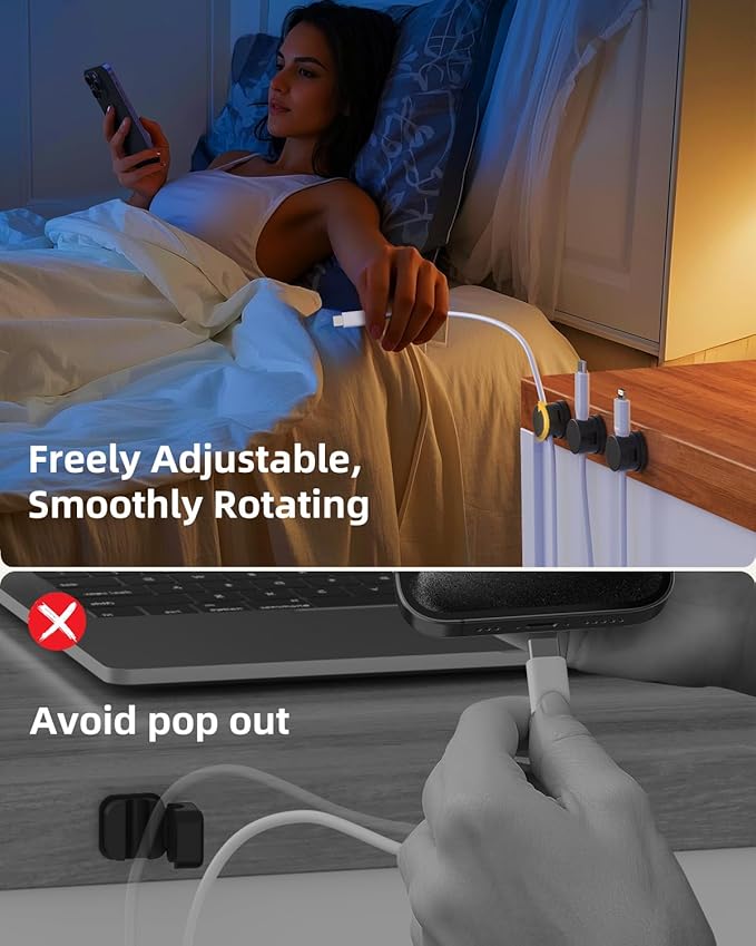 Cord Holder, Swiveling Cord Organizer, Magnetic Cable Clips for Desk, 6 Pack Cable Organizer for Nightstand, Adhesive Cable Holder Cable Management Clips for Car Home Office (Black)