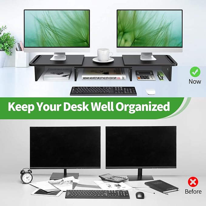 Zimilar Dual Monitor Stand Riser, Monitor Stand with Adjustable Length and Angle, Wood Monitor Stand for Desk, Monitor Riser for 2 Monitors with Storage Space