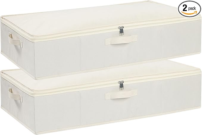 Under Bed Storage Containers, Storage Bins With Lids, Clothes Organizers for Blanket, Pillows, Shoes, Beige, 2 Pack, 23.6 x 11.8 x 5.9 Inch