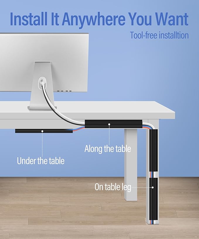 6 Pack Under Desk Cable Management Kit, J Channel Cable Raceway with Double Side Tape, Cord Organizer Tray for Desk, Easy Install, No Drilling, Cable Hider for Home & Office, Child & Pet Proof