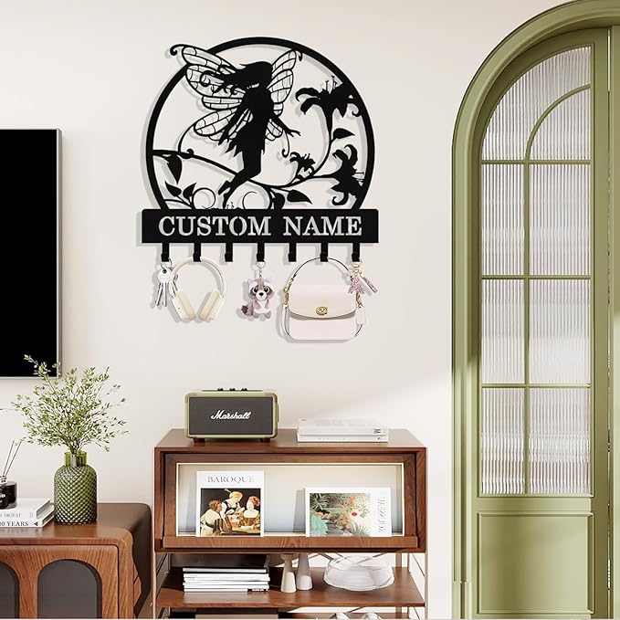 Personalized Fairy Key Holder Wall Mount, Custom Metal Key Rack Key Holder with Name, Deer Cabin Wall Keys Hanger with Hooks for Entryway, Front Door, Hallway, Kitchen, Living Room