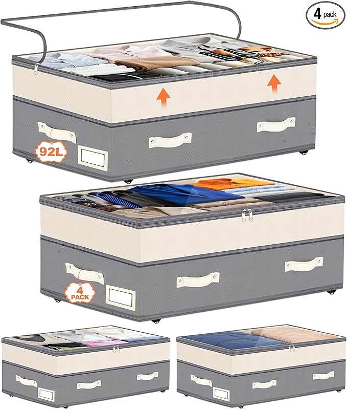 Dolicer 4 Pack Under Bed Storage with Wheels, 6in-10in Height Adjustable Underbed Storage Containers, 92L XXXL Under Bed Drawers Rolling Bin with Clear Lids for Dorm Shoes Clothes Organizers(Grey)