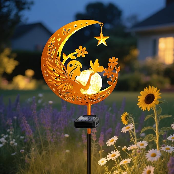 YJFWAL Garden Solar Fairy Lights Pathway Stake Lights Glass Globe with Moon Cat Decor, Christmas Gift for Mom Grandma Friends, Outdoor Decor Light Waterproof for Walkway, Patio or Garden (Warm White)