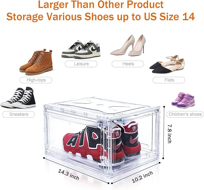 10 Pack Large Shoe Boxes Clear Stackable, Space Saving Acrylic Shoe Boxes Shoe Organizers Foldable Shoe Container Boxes that Fits Up to Size 14 Shoes