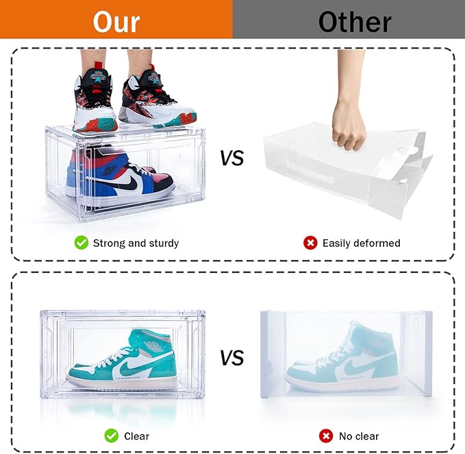 10 Pack Large Shoe Boxes Clear Stackable, Space Saving Acrylic Shoe Boxes Shoe Organizers Foldable Shoe Container Boxes that Fits Up to Size 14 Shoes