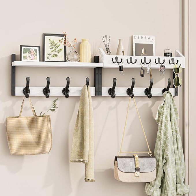 Evermagin 35" Coat Rack Wall Mount with Shelf, 4 in 1 Coat and Key Hanger with 13 Metal Hooks, Entryway Wall Mounted Shelf with Mail Holder for Living Room, Bedroom, White