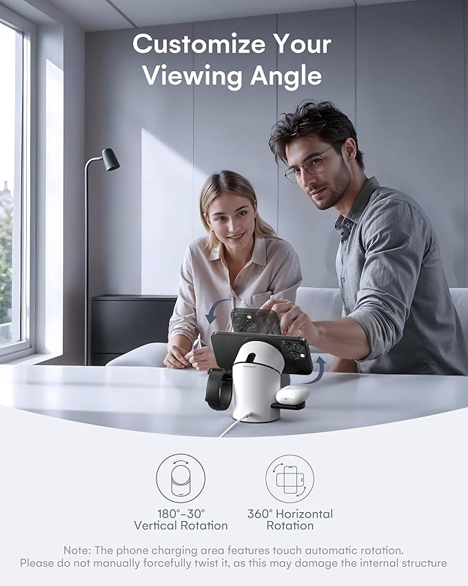 ZEEHOO 3 in 1 Charging Station for Apple Devices, Mag-Safe Charger Stand, Qi2 15W Auto-Rotating Wireless Charger for iPhone 17 16/15/14/13/12 Series& AirPods& iWatch(White)