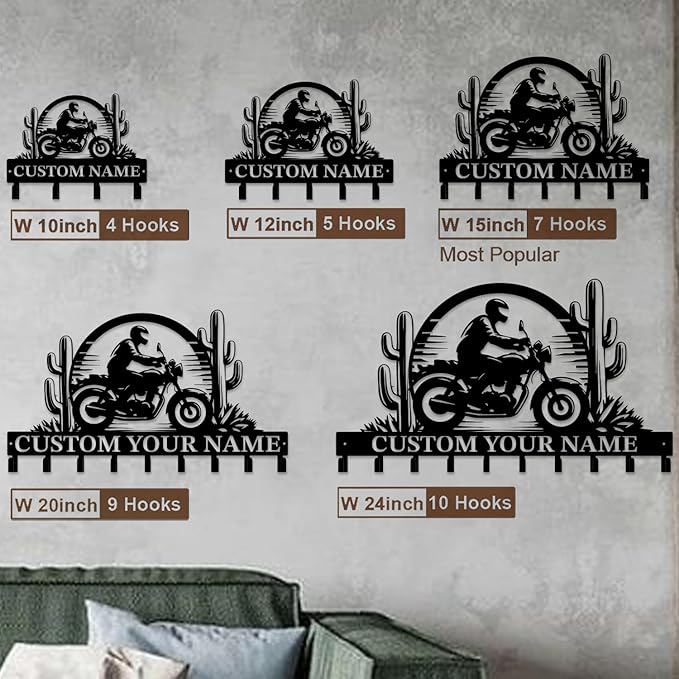 Custom Motorcycle Garage Metal Wall Hooks,Key Holder-Personalized Iron Wall Decor for Keys, Coats & Home (Black, Handmade,Decorative,Entryway, Bedroom,Man Cave) (Style D)