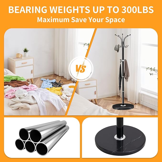 ZOZOE Metal Coat Rack Stand, Modern Coat Rack Freestanding with Natural Marble Base, 360° Rotary Design Coat Racks with 14 Hooks, Coat Tree Hanger Stand for Bags, Hats, Entryway, Office