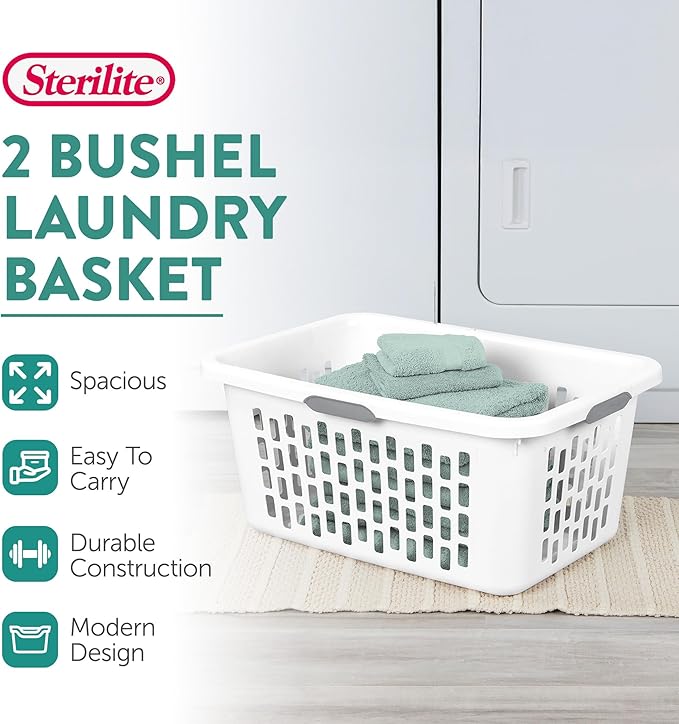 Sterilite Laundry Basket, Plastic Clothes Hamper, Large Rectangle Bin with Comfort Grip Handles and Reinforced Rim, 2 Bushel Capacity, White, 12 Pack