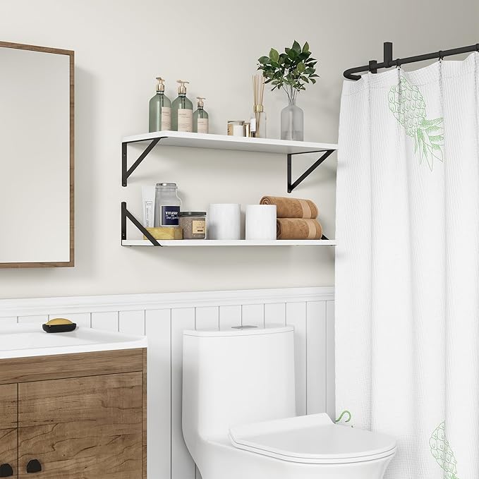 10 Inch Deep Floating Shelves, White Floating Shelves 30 Inch Long, Rustic Wood Wall Shelves 30"W x 10"D, Deep Floating Shelf with Bracket, Wide Storage Shelves for Books, Living Room, Bathroom