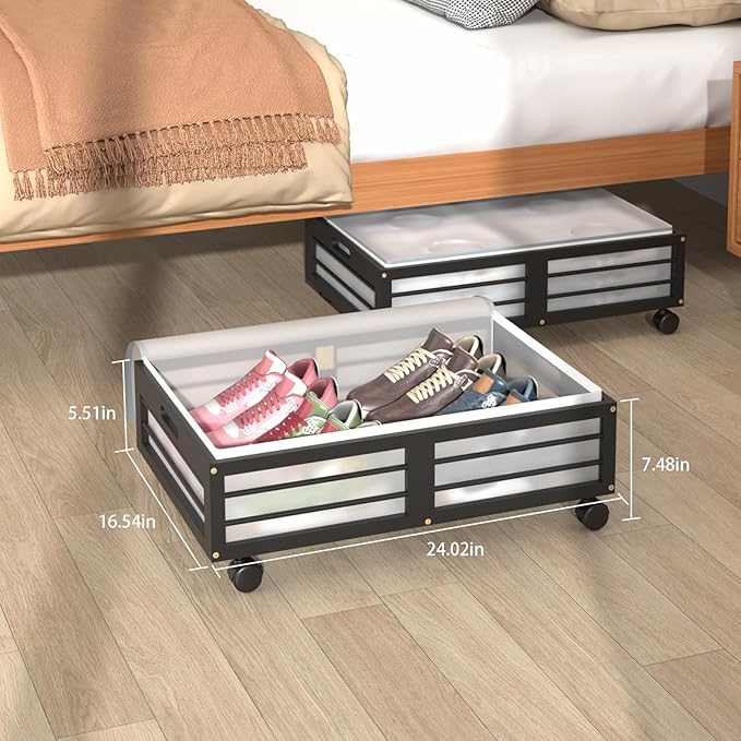 Under Bed Storage Containers with Wheels, Larger Bamboo Wood Under Furniture Storage Containers with Dust Bags，Rolling for Shoes Clothes