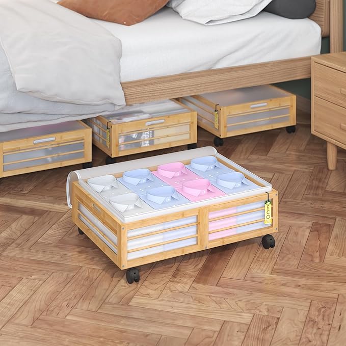 Under Bed Storage Containers with Wheels, Larger Bamboo Wood Under Furniture Storage Containers with Dust Bags，Rolling for Shoes Clothes