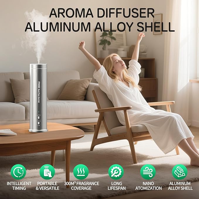 Aluminum Waterless Essential Oil Diffuser for Large Room, 1200 Sq Ft Coverage with Bluetooth App & Remote Control with 100ml Empty Bottle, Cold Air Aromatherapy Machine for Home Office(M202B)