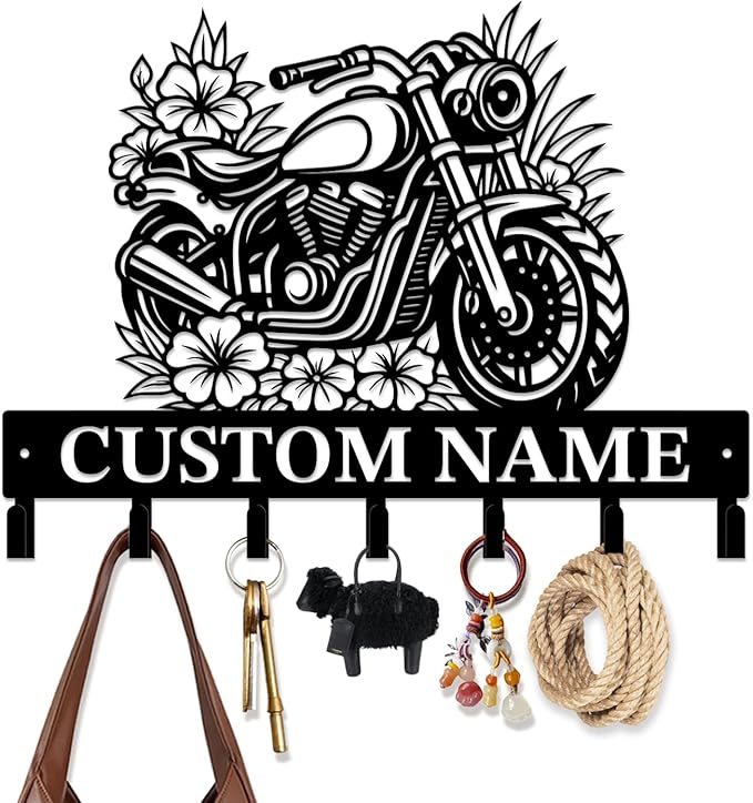Custom Motorcycle Garage Metal Wall Hooks,Key Holder-Personalized Iron Wall Decor for Keys, Coats & Home (Black, Handmade,Decorative,Entryway, Bedroom,Man Cave) (Style C)