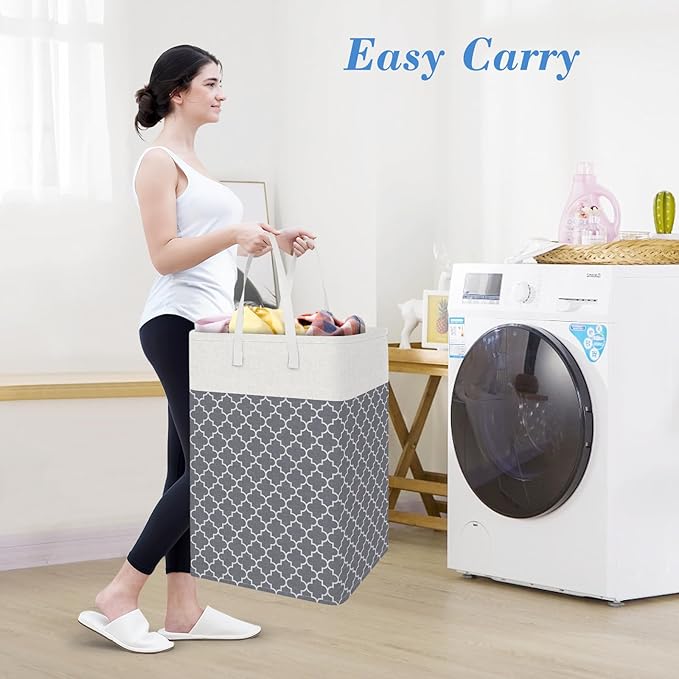 BlissTotes 3-Pack Laundry Basket, Freestanding＆Waterproof Laundry Hamper, Collapsible Tall Clothes Hamper with Easy Carry Handles for Clothes, Towels in the Family and Dorm,Clover Grey,88L