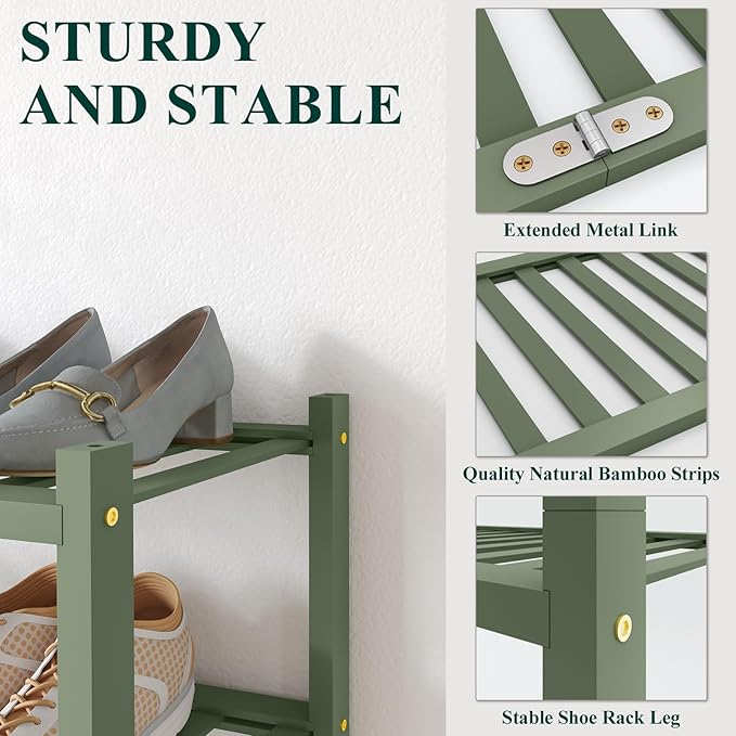 Smiry Bamboo Shoe Rack for Closet, 4 Tier Long Wooden Stackable Shoe Organizer, Free Standing Shoes Storage Shelf for Entryway, Front Door Entrance, Green