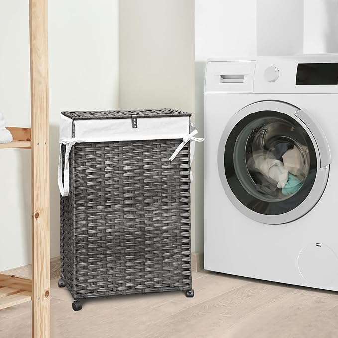 70L Slim Laundry Hamper with Lid & Wheels, Rolling Laundry Basket with 2 Removable Liner Bags & 3 Mesh Bags, Narrow Dirty Clothes Basket, Foldable Handwoven Rattan Laundry Sorter, Grey