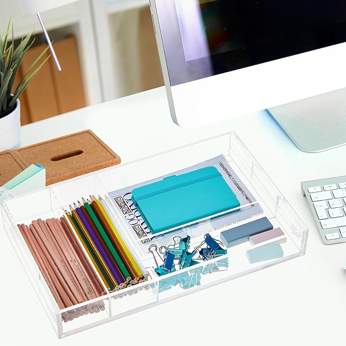 1 Pcs Acrylic Drawer Organizer 9'' up to 18'' x 15'' x 2'' Expandable Drawer Organizer Pens Notebook Ruler Makeup Tray with 7 Adjustable Compartments for Desk Office Kitchen Bathroom(Clear)