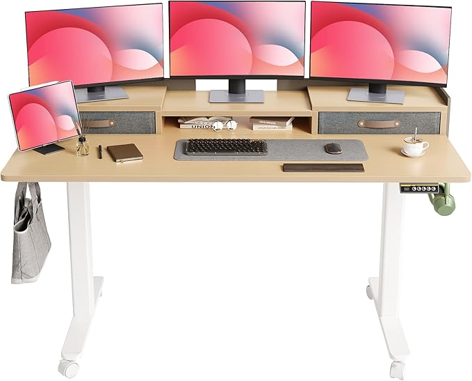 YDN Standing Desk with Drawers, 59 Inch Standing Desk Adjustable Height, Adjustable Electric Stand Up with Storage and Shelf, Natural