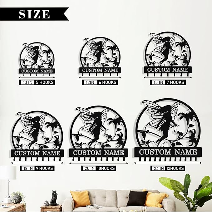 Personalized Fairy Key Holder Wall Mount, Custom Metal Key Rack Key Holder with Name, Deer Cabin Wall Keys Hanger with Hooks for Entryway, Front Door, Hallway, Kitchen, Living Room