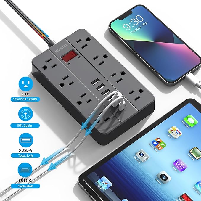 10 Ft Extension Cord Surge Protector, SMNICE 8 Widely Spaced Outlets and 6 USB (1 USB C) Charging Ports Flat Plug Power Strip, Desktop Power Cord for Travel Home Office Accessories Black