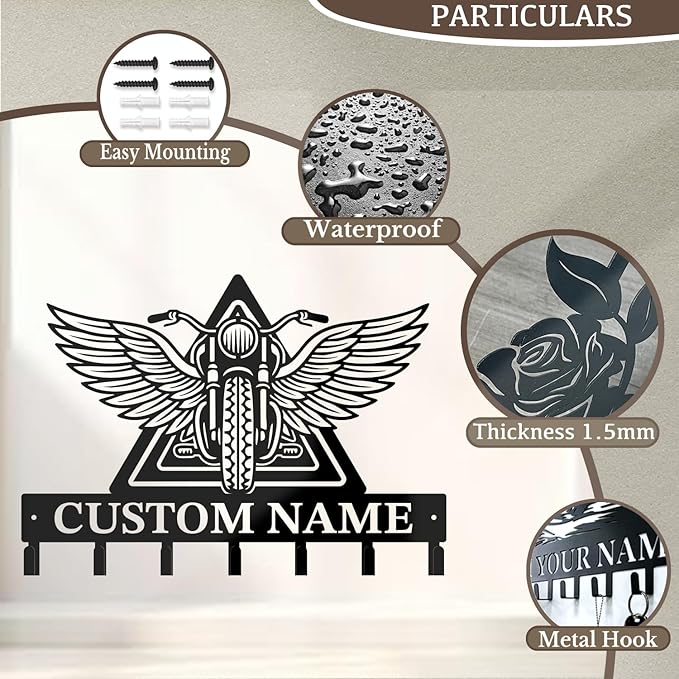 Custom Motorcycle Garage Metal Wall Hooks,Key Holder-Personalized Iron Wall Decor for Keys, Coats & Home (Black, Handmade,Decorative,Entryway, Bedroom,Man Cave) (Style B)