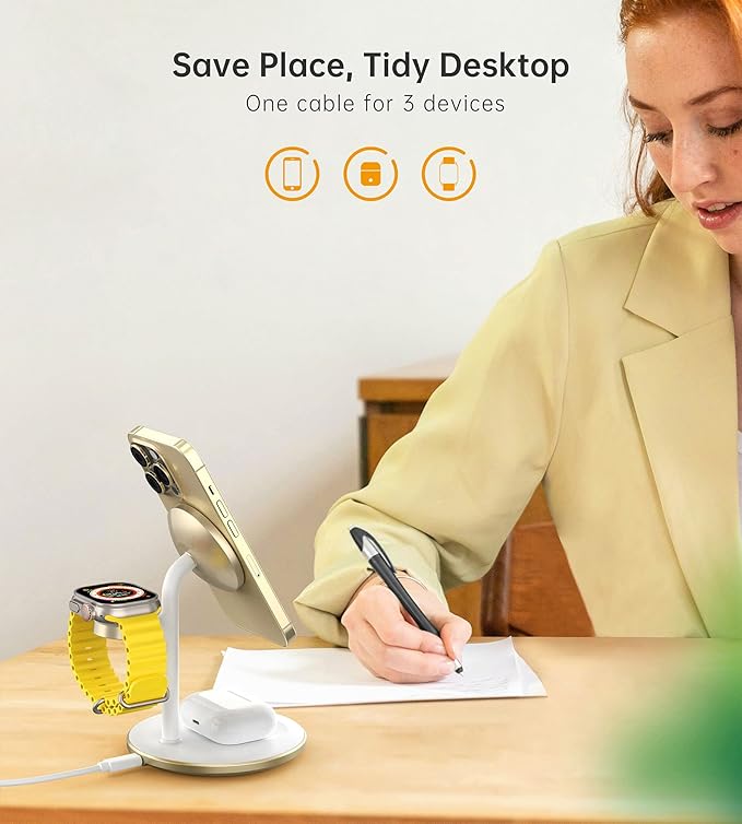 XooFly 3 in 1 Wireless Charging Station for Apple Devices, Fast Wireless Mag-Safe Charger Stand with 20W Adapter for iPhone 17/16 15 14 13 12 Pro Max/Pro/Plus/Air/Mini, iWatch, AirPods (Gold)