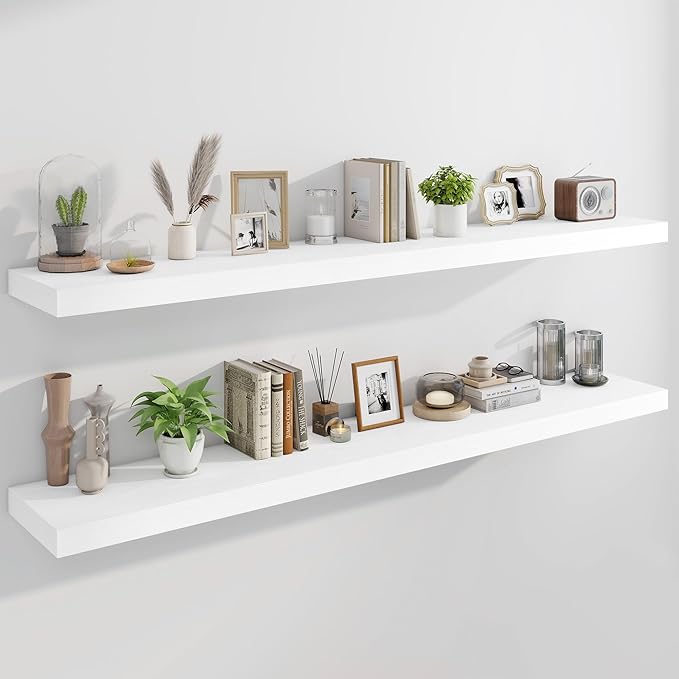 Marsmiles 72" Floating Shelves for Wall, Wooden Shelves with Invisible Brackets Set of 2, Rustic Farmhouse Wall Mounted Shelf for Kitchen Bathroom Living Room Study, White