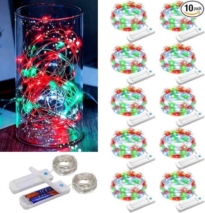 ZNYCYE 10 Pack Fairy Lights Battery Operated, 10 Ft 30 LED Fairy Lights with Timer, 8 Modes Christmas Lights, Waterproof for Indoor DIY Christmas Decorations(Red Green White)