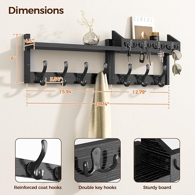 Evermagin 29" Coat Rack Wall Mount with Shelf, 4 in 1 Coat and Key Hanger with 11 Metal Hooks, Entryway Wall Mounted Shelf with Mail Holder for Living Room, Bedroom, Black