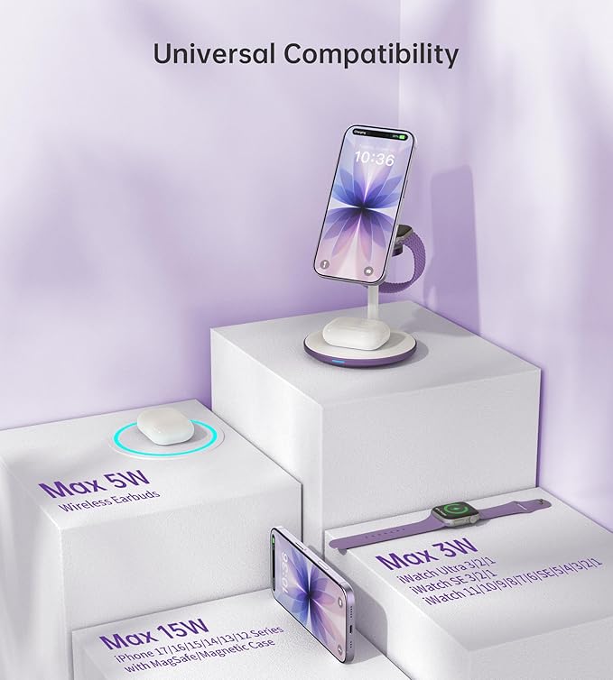 XooFly 3 in 1 Wireless Charging Station for Apple Devices, Fast Wireless Mag-Safe Charger Stand with 20W Adapter for iPhone 17/16 15 14 13 12 Pro Max/Pro/Plus/Air/Mini, iWatch, AirPods (Lavender)
