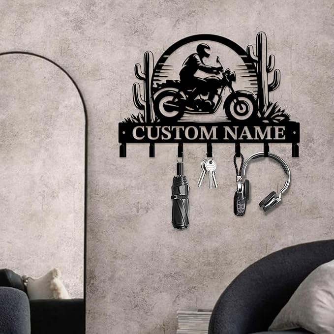 Custom Motorcycle Garage Metal Wall Hooks,Key Holder-Personalized Iron Wall Decor for Keys, Coats & Home (Black, Handmade,Decorative,Entryway, Bedroom,Man Cave) (Style D)