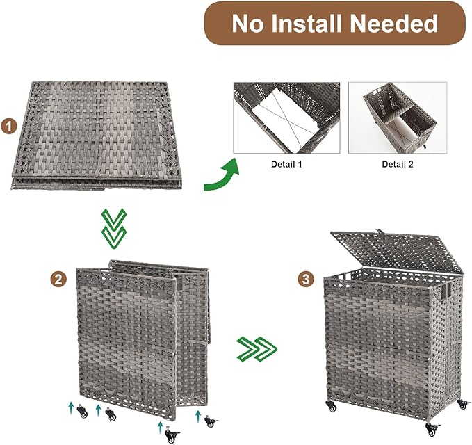 Laundry Hamper with Wheels&Lid, 50.2 Gallons(190L) Rolling Laundry Basket with Wheels, 3-Section Laundry Hamper, Handwoven Rattan Clothes Hamper with 6 Removable Liner& 3 Mesh Laundry Bags, Grey