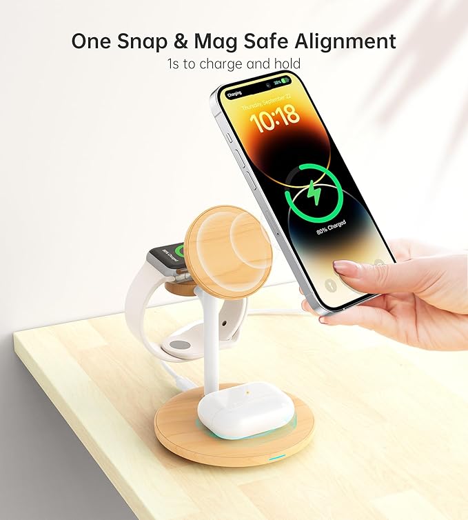 XooFly 3 in 1 Wireless Charging Station for Apple Devices,Fast Wireless Mag-Safe Charger Stand with 20W Adapter for iPhone 17 16 15 14 13 12 Pro Max/Pro/Plus/Air/Mini,iWatch,AirPods,Yellow Woodgrain
