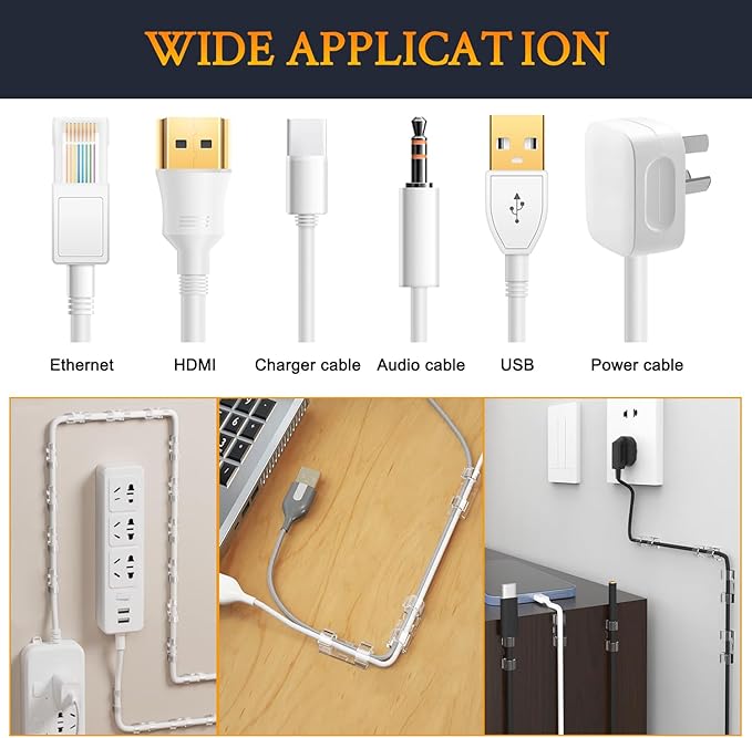 SOULWIT 50 Pcs Self Adhesive Cable Management Clips, Cable Organizers Sticky Wire Clips Cord Holder for TV PC Laptop Ethernet Cable Desktop Home Office (Transparent)