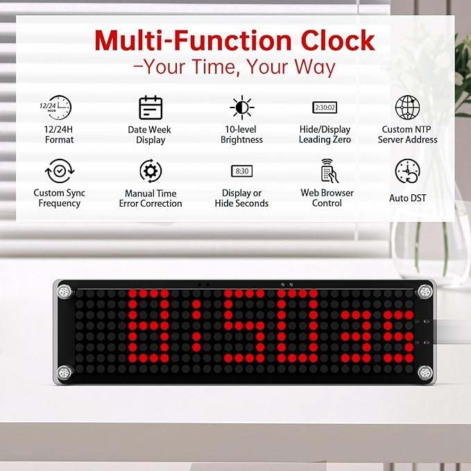 10 Inch Large Display Digital Clock with WiFi NTP Sync,Smart Clock with Adjustable Brightness & Auto Dimming, Easy Setup, Clear from a Distance,LED Matrix Desk Clock for Geeks,Seniors