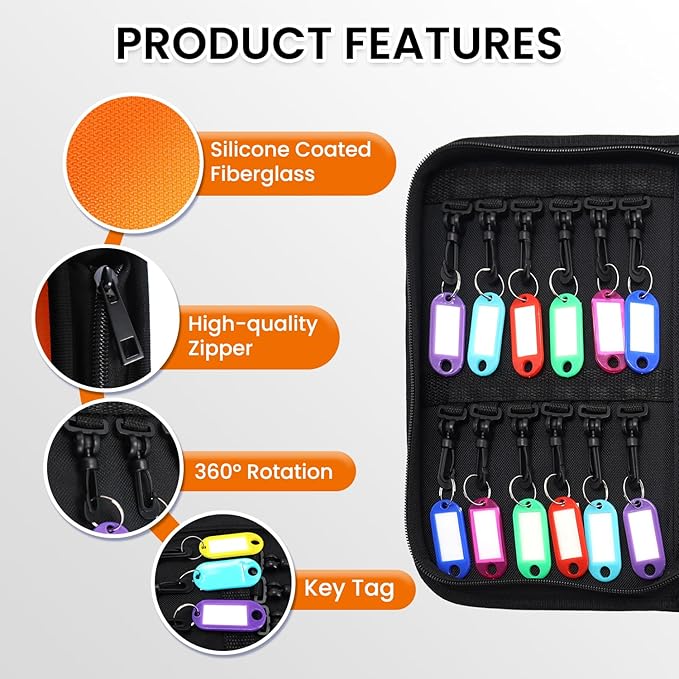 Zippered Key Case, Key Organizer, Fireproof and Waterproof Key Binder with 24 Hooks and Tags Portable Key Storage Book for Offices Real Estate Agencies Hotels and Rental Management