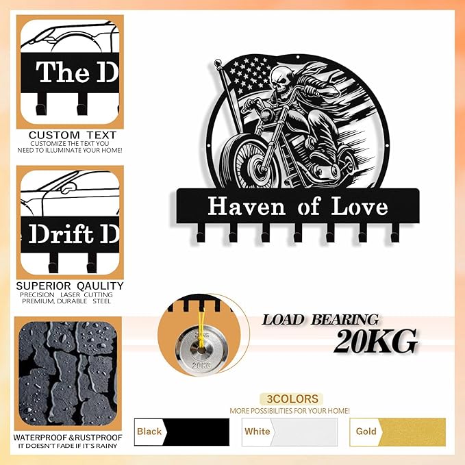 Personalized Skull Motocycle Key Holder Wall Mount, Custom Metal Key Rack Key Holder with Name, Deer Cabin Wall Keys Hanger with Hooks for Entryway, Front Door, Hallway, Kitchen, Living Room