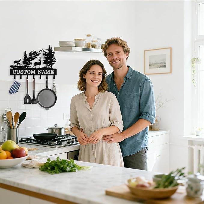 Personalized Deer Key Holder Wall Mount, Custom Metal Key Rack Key Holder with Name, Deer Cabin Wall Keys Hanger with Hooks for Entryway, Front Door, Hallway, Kitchen, Living Room