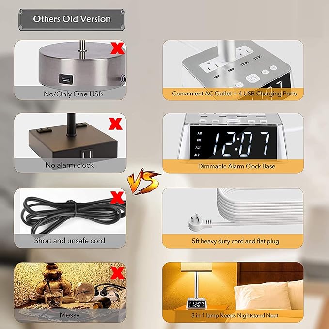 Yostyle Table Lamp Bedside Lamp with 4 USB Ports and AC Power Outlets, Alarm Clock Base w/ 5Ft Extension Cord, Square Oatmeal Fabric Lampshade Modern Accent Nightstand Lamps for Bedrooms Living Room